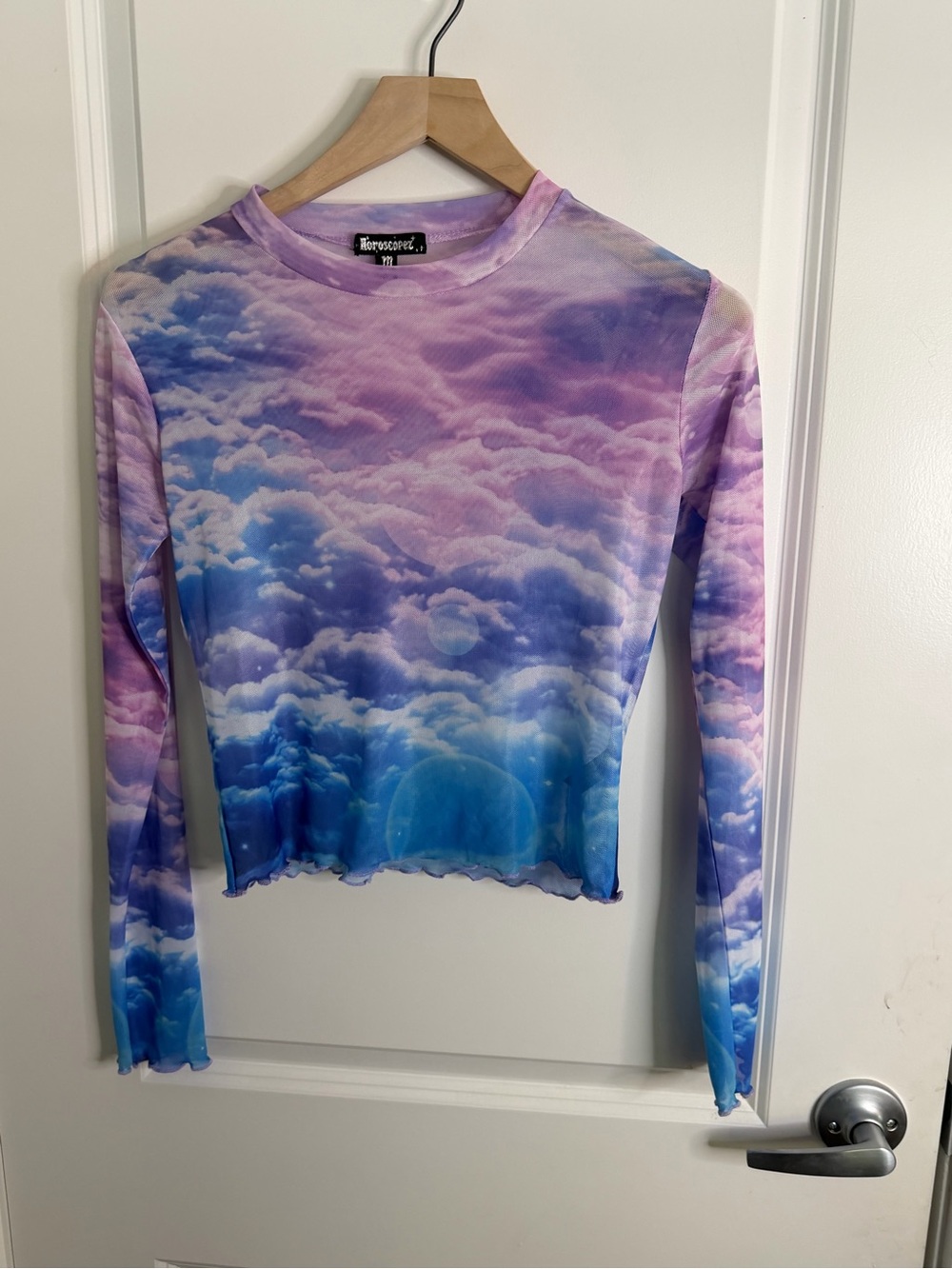Dolls Kill Purple Blue Cloud-Print Long Sleeve Mesh Top